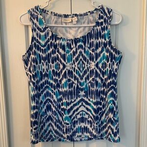 Chico’s size 1 Navy, Aqua, White Ikat Patterned Ribbed Tank Top